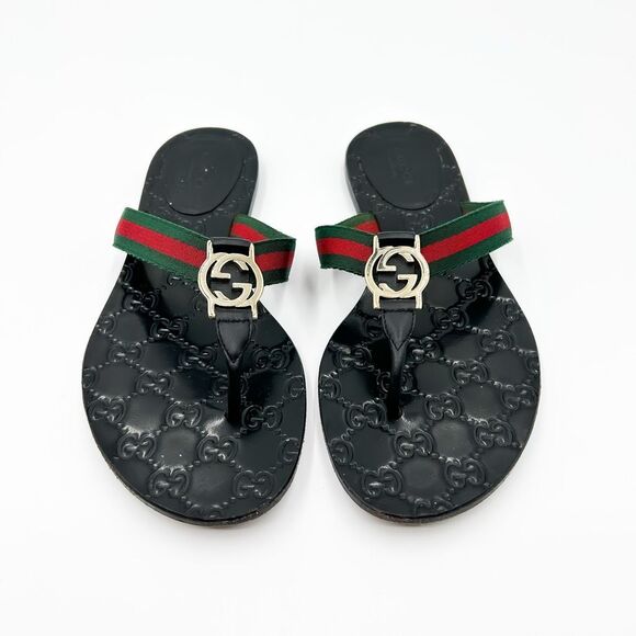 Gucci GG Web Stripe Flip Flop Sandal Black EU 37 US Women's 7 Flat Logo - Picture 3 of 14